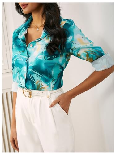 WDIRARA Women's Marble Print Button Down Long Sleeve Shirt Collar Blouse Top2