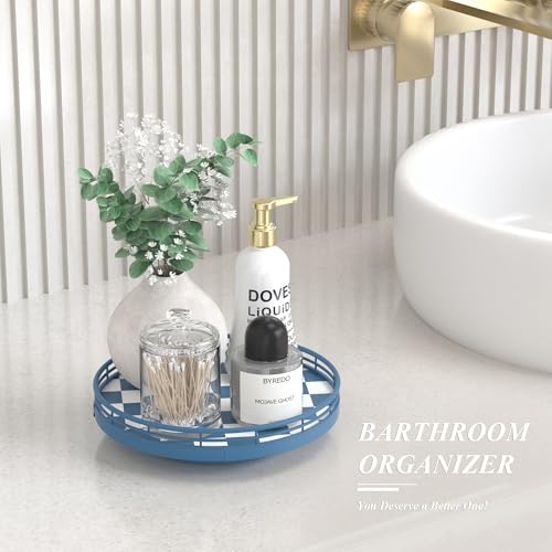 Image of Premium Rubber Wood Lazy Susan Turntable, Blue White Checkerboard Decorative Serving Tray, Hand-Welded Metal Railing, Stable Rotating Organizer for Dining Table, Kitchen Counter, Coffee Table Decor