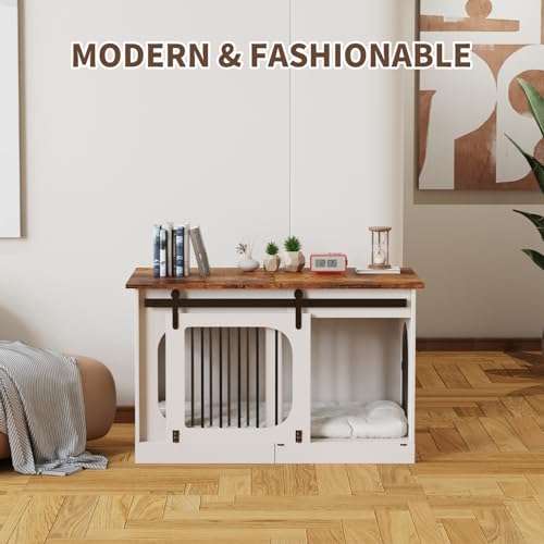 XL Dog Crate Furniture,39.4" Decorative Dog Kennel with Barn Door & Cushion | 3 Doors Access with Escape-Proof Locks, Sturdy Wood-Iron Build, Indoor Modern Cage as Side Table/Night Stand for Medium Dogs - Image 7