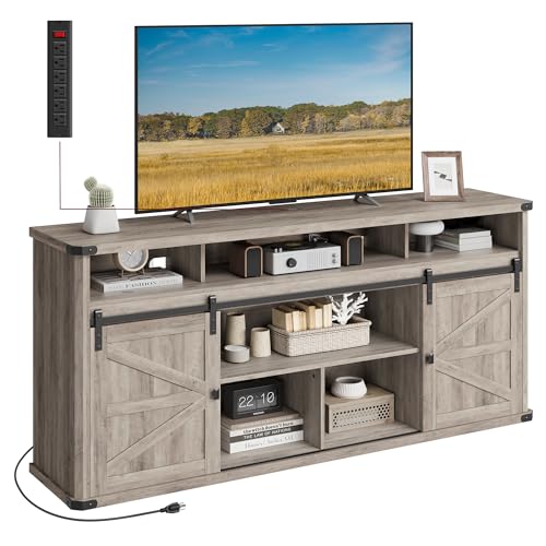 VASAGLE TV Stand for 75 Inch TVs, Farmhouse Entertainment Center With Sliding Barn Doors, Console Table for Living Room, Misty Gray ULTV323G68 70"L Misty Gray