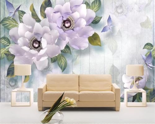 Tzxztt Purple Peony Butterfly Woodgrain Modern 3D Wallpaper Embossed Silk Neutral Tones Material Ideal for Living Room Bedroom-250cm×170cm