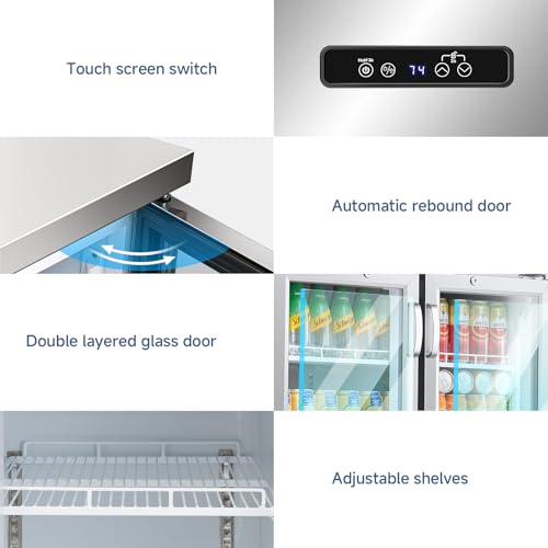 Image of BODEGACOOLER Commercial Cooler with 2 Glass Doors,12 Cu.Ft Stainless Steel Counter Height Back Bar Refrigerator,Display Drink Beverage Fridge for Soda LED Lighting, SUS 304 Stainless Steel Exterior