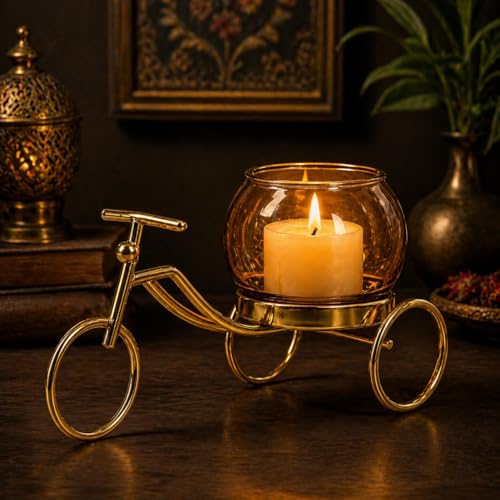 Image of CentraLit Decorative Metal Tricycle Candle Holder with Glass Bowl | Gold Tea Light Holder Stand, Vase for Home Decor, Decorative Plant Pot for Living Room, Aesthetic Home Decor Item & Return Gift