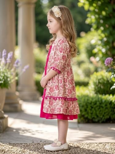 Image of Girls Floral Printed A-Line Cotton Below The Knee Dress with Attached Shrug | Girls Dresses Design No PP280 Color Pink Size 9-10Y