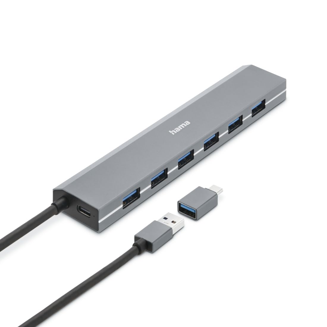 Hama Hub USB 7 porte (porta USB-A e USB-C con alimentatore, 7 x USB-A per mouse, tastiera, disco rigido esterno, chiavetta USB, ecc., alloggiamento in alluminio, adattatore USB per ufficio, casa