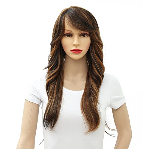 TanRain Wig female long wave curly all bangs synthetic wig natural realistic heat clothing party size a variety of colors available wig black women (Black mix Light Brown)