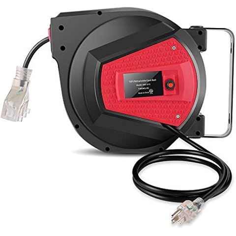 BATHWA Retractable Extension Cord Reel, 50 FT Heavy Duty Industrial 14AWG/3C Power Cord, Outdoor Electrical Cord with 3 Grounded Outlets Lighted Triple Tap Cover