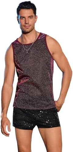 Camiseta regata masculina sem mangas com lantejoulas e gola redon...