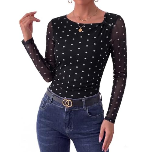Arolina Womens Floral Mesh Tops Fall Ruched Y2k Long Sleeve Blouses Shirt | Asymmetrical Neck,Lined Torso,Sheer Sleeves,Tie Dye,Slim Fit,Ruched Tummy,Soft,Lightweight,Stretchy,Fall Clothes,G