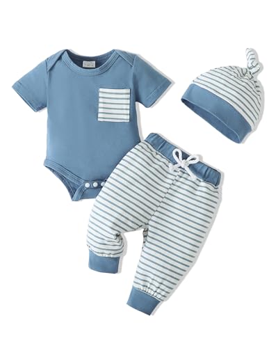 Image of SUNNY PIGGY Baby Boy Clothes Newborn Infant Boys Outfits Romper Hat Pants 3PC Set 0-3 3-6 6-12 12-18 Month Clothing Gift