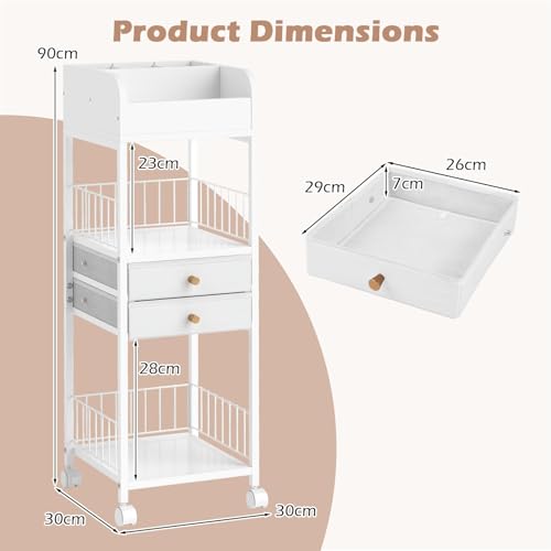 GIANTEX Carro de Almacenamiento para Comésticos, Organizador de Maquillaje con 2 Cajones, 2 Estantes Abiertos y Cubos, 4 Ruedas, 30x30x90cm, Carrito Multifuncional para Baño, Dormitorio - imagen 3