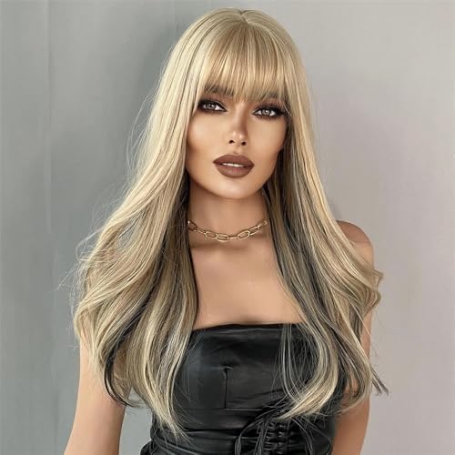 Perruque synthétique longue ondulée blonde et noire thermorésistante - 3