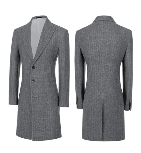 Image of Mens Trench Coat Herringbone Wool Peak Lapel Single Breasted Long Slim Fit Pea Coat Business Suit Jacket for Men