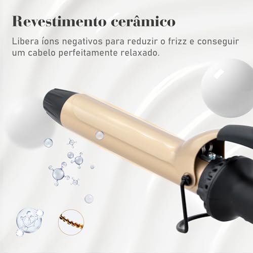Modelador de Cachos, 7 Níveis de Temperatura Ajustável (100℃-200℃), Linha Traseira Giratória de 360°