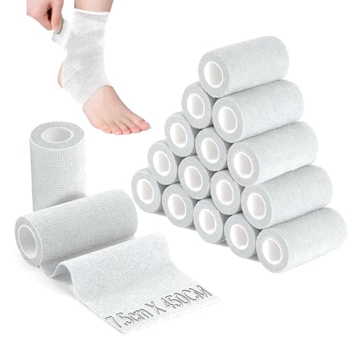 Ziamzra 16 Rollos Venda Cohesiva 4,5 m x 7,5 cm Tape Crossfit Blanco Esparadrapo Deportivo Respirable Vendaje Autoadhesivo Tape Vendaje Deportivo Cinta Cohesiva para Brazos Pies Muñeca Tobillos