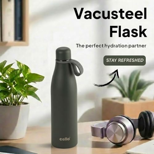Image of CELLO Duro Oxy Stainless Steel Flask 900 ml Military Green | Easy to Pour & Fill, Spill Proof Leakproof Vacuum Insulated Hot and Cold Thermos Water Bottle for School College Office Gym Biking & Travel