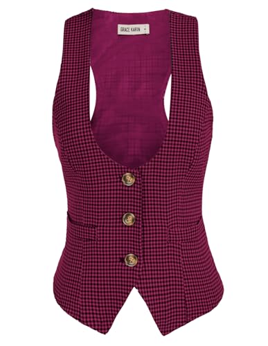 GRACE KARIN Vest for Women Dressy Slim Fit Waistcoat Casual Racerbck Vest Tops Red Plaid S