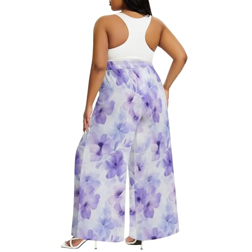 Women's Plus Size Wide Leg Pants Summer Casual Palazzo High Waist Floral Long Trousers with Pockets3