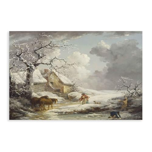 Poster vintage sur toile 60x90 cm grand tableau décoration murale ferme d'hiver rétro