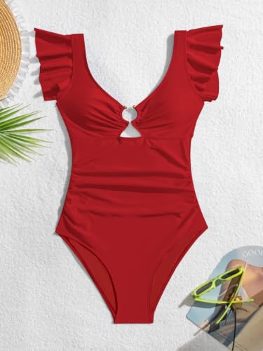 Image of Eomenie Womens Ruffled One Piece Swimsuit Slimming Tummy Control Bathing Suit V-Neck Cutout Swimwear for Resort Wear