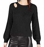 Bar III | Balloon-Sleeve Cutout Sweater | Deep Black, Large
