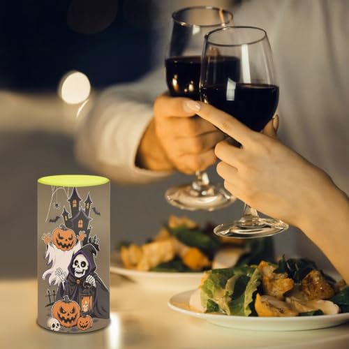 Image of Poceacles Flickering Flameless LED Battery Candles Pillar Candles Tealight with 18-Key Timer Remote for Halloween Indoor Outdoor Home Decor, Skull Pumpkin Ghost Bat Print Brown