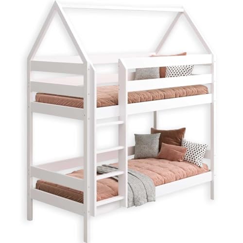 YOUKO Etagenbett Kinderbett 180x80 cm “Bruno” - Hausbett für 2 Kinder mit Leiter- Hochbett Kinder - Holzbett Kiefer Ohne Matratze
