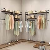 EDCB Industrial Pipe Clothing Rack Wall Mounted - Heavy Duty 2-Tier Closet Organizer with Wood Shelves & Dual Hanging Rods for Bedroom/Retail Store