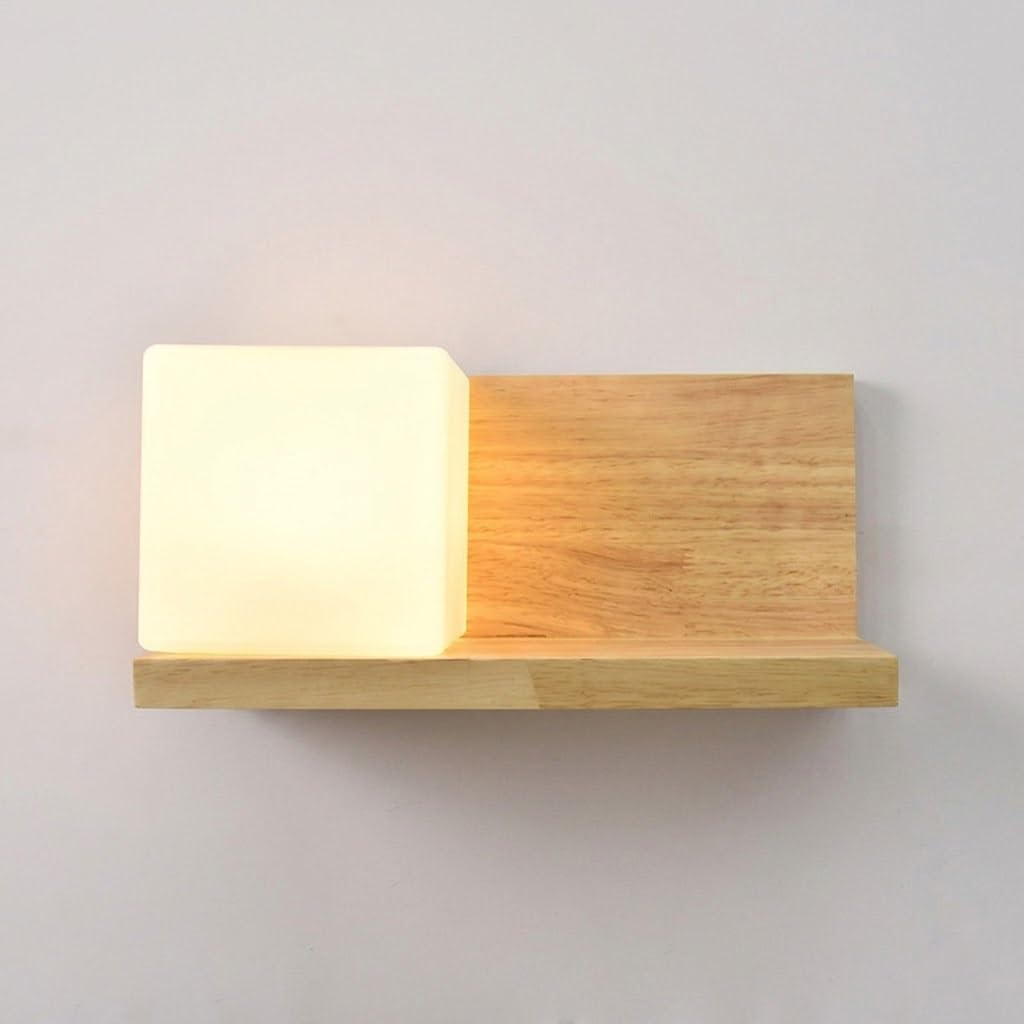 COSRUB Nordic Wood Wall Lamp Fixture, Sugar Cube Glass Wall Sconce Light Japanese Floating Shelf Wall Lighting for Bedroom Bedside Hallway Entryway(Left)