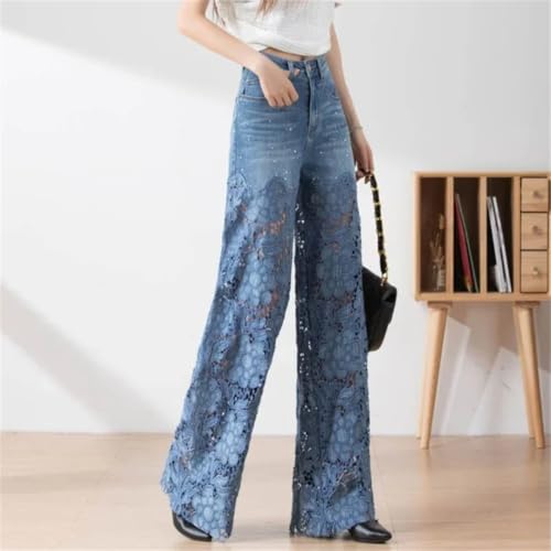 Women Elegant Jeans High Waist Lace Patchwork Pantalones Hollow Out Oversized Casual Loose Pants3