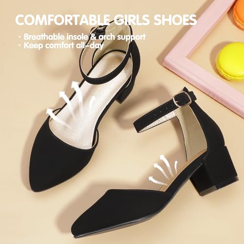 Image of Hehainom Girls Dress Shoes Chunky High Heels Ankle Strap Pumps | Pointed Closed Toe, Little Big Kid, Adjustable Buckle, Mary Jane, Wedding, Party, Communion, Flower Girl