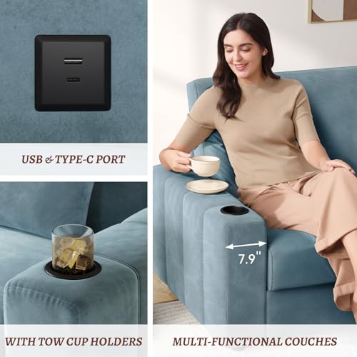 COPIAE Loveseat Sofa, Larger Couch Velvet Fabric with Storage, Charging Ports, Heightened Backrests, Removable Cover Modern Comfy Couches Easy Assembly for Living Room, 88 Inch Blue — view 4