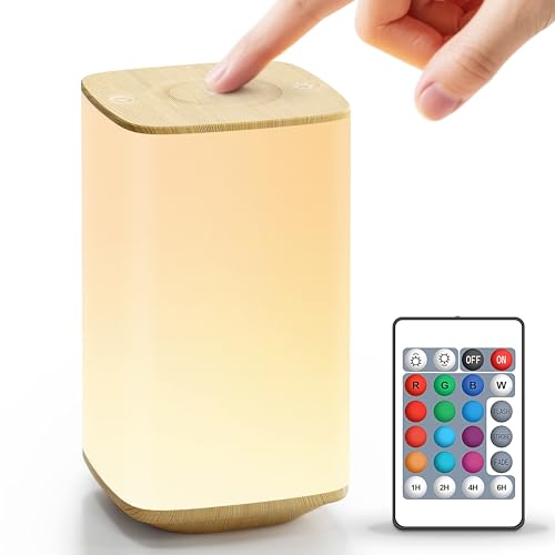Auxmir Lámparas de Mesita de Noche, Recargable por USB 4000mAh, Lámpara de Mesa LED, 256 Colores RGB, 4 Modos, Control Remoto y Táctil, Temporizador, Luz Nocturna para Niños, Dormitorio, Color Madera