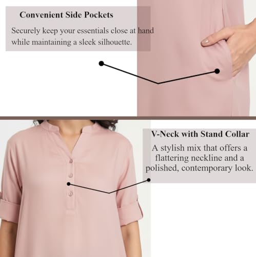 Image of Women's Roll-Up Sleeve Tunic Top, V-Neck with Button Front, Side Pockets, Rayon Short Kurti