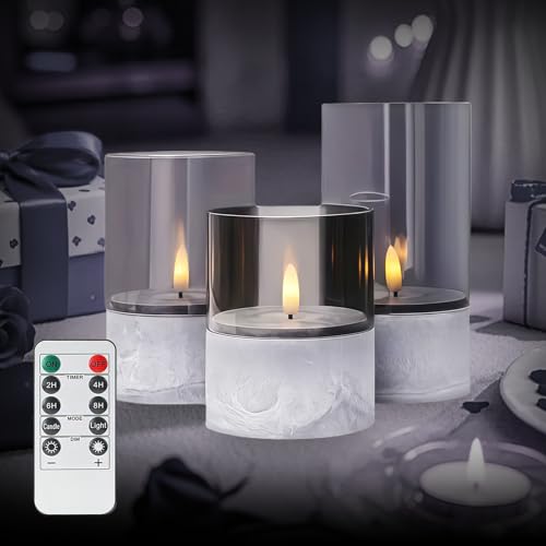 LEKEFETO 3er Set LED Kerzen mit Timerfunktion – Graue Flammenlose...