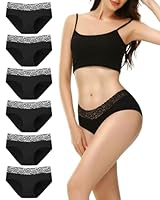 EKSHER Damen Unterwäsche 6er Pack Unterhosen Damen Slips Mehrpack Sportunterhosen Baumwolle Unterwäsche Mittel Taille Sexy Spitze Panties Hipster Schwarz, M