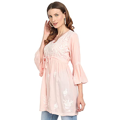 Image of indiankala4u Lucknow Chikankari Hand Embroidered Fit and Flared Top, Short Kurti for Women, Modal Cotton