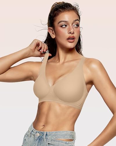 Image of OEAK Womens Deep V Bras Wireless Comfortable Bra Supportive No Underwire Bras Tshirt Push Up Bralettes Plunge Seamless Bra