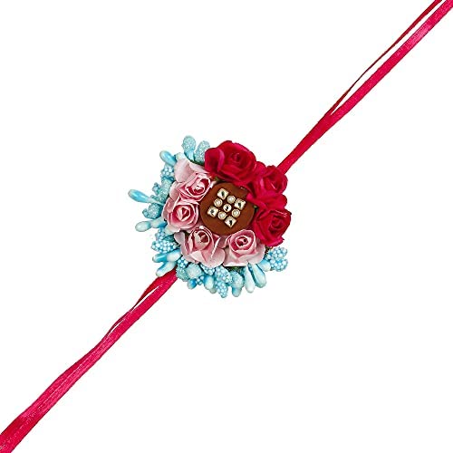 Image of eCraftIndia Set of 5 Rakhi Combo Hamper | Colorful Radha Krishna Peacock Feather Flower Pearl Designer Rakhis | Roli Chawal Pack