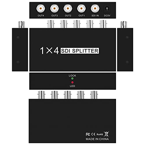 Temperatura di lavoro: 0~60 SDI Splitter 1x4 Multimedia Split SDI Extender Adapter Support HD-SDI, SD-SDI e 3G-SDI per proiettore Monitor Camera (1 ingresso SDI e 4 uscite SDI