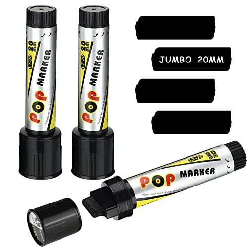 アクリルペイントマーカー 20mm ジャンボブラック水性アートペン 3本 - 太字彫刻刀 永久タグ付け 石、セラミック、ガラス、木、ロックペインティング用