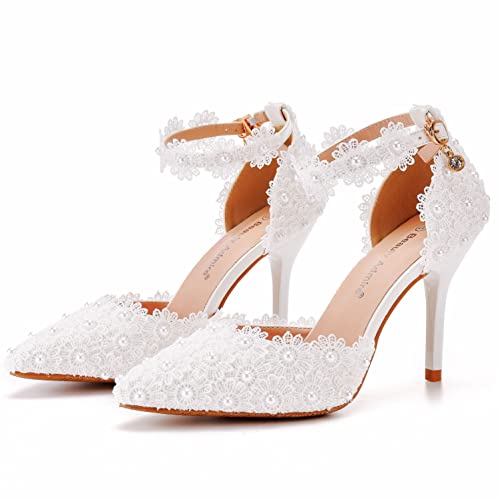 Women High Heel Pumps Pointed Closed Toe Sandals with Floral Lace Pearls Strap Stiletto Heels Bridal Wedding Dress Shoes 3.75''2