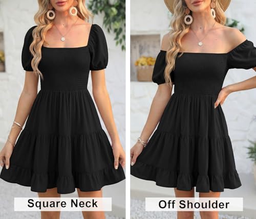Image of Veatzaer Women's Puff Sleeve Square Neck Smocked Babydoll Dress Boho Floral Print Off Shoulder Ruffle Mini Short Dress