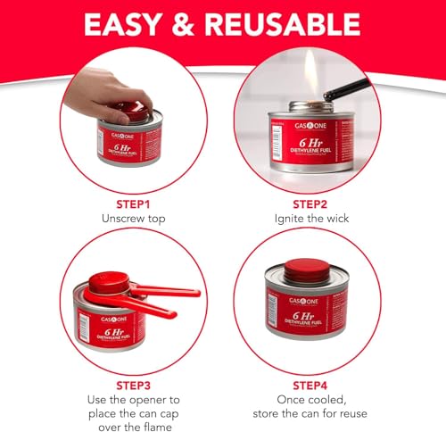Gas One 12 Pack 6 Hour Chafing Fuel - Food Warmer for Chafing Dish Buffet Set - Reusable Liquid Safe Fuel With Wick & Lid Opener - Image 4