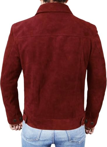 Men's Burgundy Suede Leather Trucker Jacket – Casual Goat Suede Shirt-Style Outerwear2