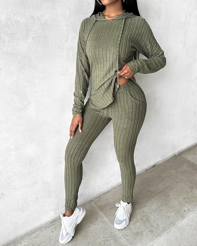 CHICME 2025 2 Piece Outfits for Women Ribbed Long Sleeve Shirt Pullover and Skinny Pants Set Lounge Set4