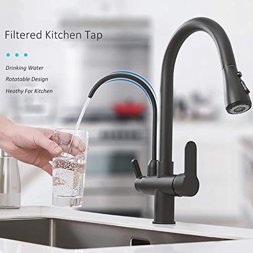 Onyzpily Moderne 3 Wege Küchenarmatur in Gebürstet/Schwarz, Edelstahl Ausziehbar mit Brause & Trinkwasserhahn, 3-in-1 Mischbatterie für Wasserfilter, Hochdruck Spültischarmatur