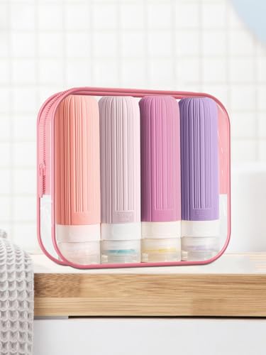 Travel Bottles for Toiletries - 3oz Portable Leak Proof Squeezable Silicone Travel Containers with Clear Toiletry Bag (4 Pack, Lavender, Deep Pink, Soft Pink)