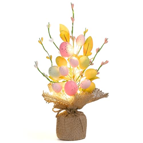 Valery Madelyn 28cm Ostereierbaum mit Licht Bunte Eier Zweig Baum Dekorationen mit LED Lichtern und Timer Funktion Osterdeko für Tischplatte Flur Fenster