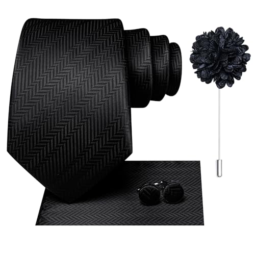 Image of Hi-Tie Men Silk Ties Set with Flower Lapel Pin Necktie Pocket Square Cufflinks for Tuxedo Wedding Business